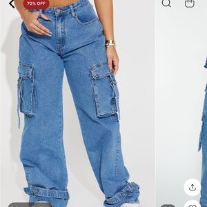 Fashion Nova Love Hurts Ankle Strap Cargo Jeans - Medium Blue